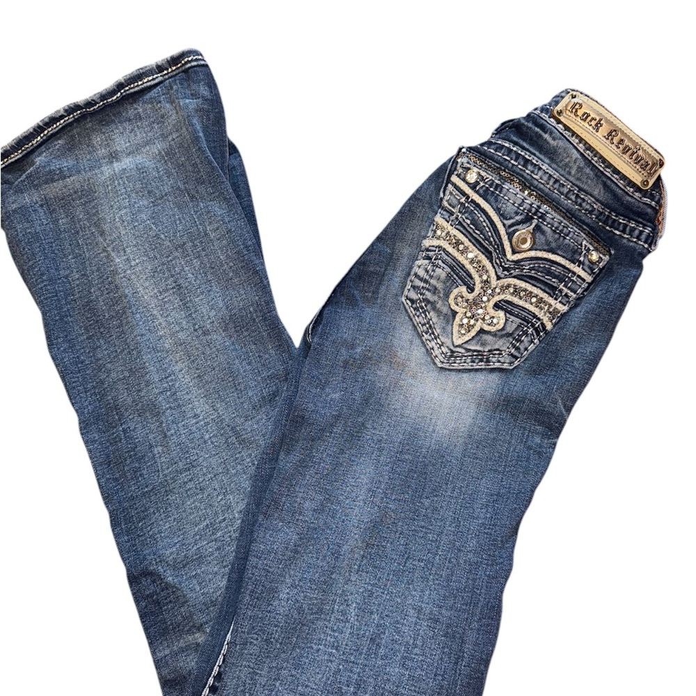 Rock Revival Blue Boot Cut Jeans with Intricate Back Design